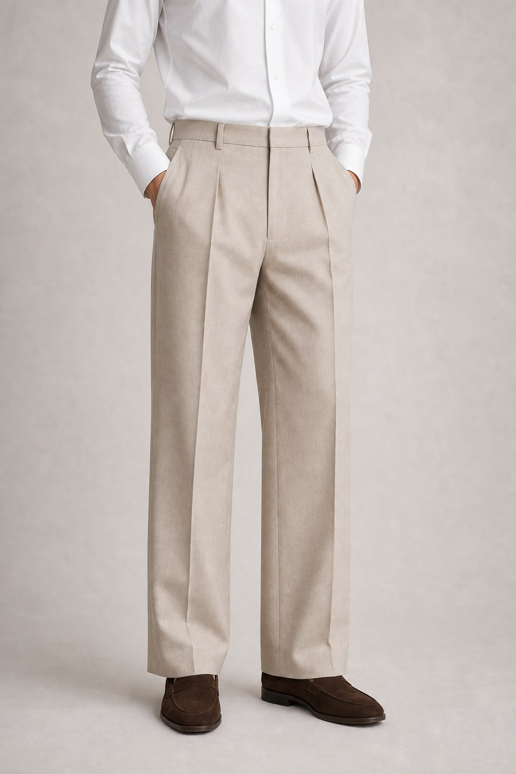 Model wearing Sand Pleated Trouser